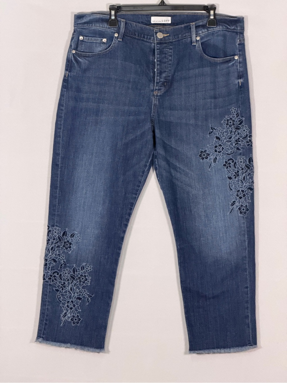 LOFT Floral Embroidered Crop Jeans Women’s 32/14 Button Fly Raw Hem Stretch